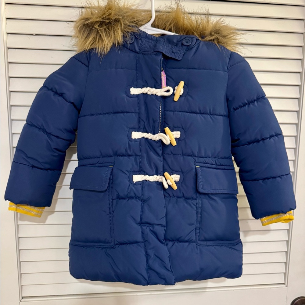 Mini Boden Navy Blue winter Toggle Coat with Faux Fur Trim